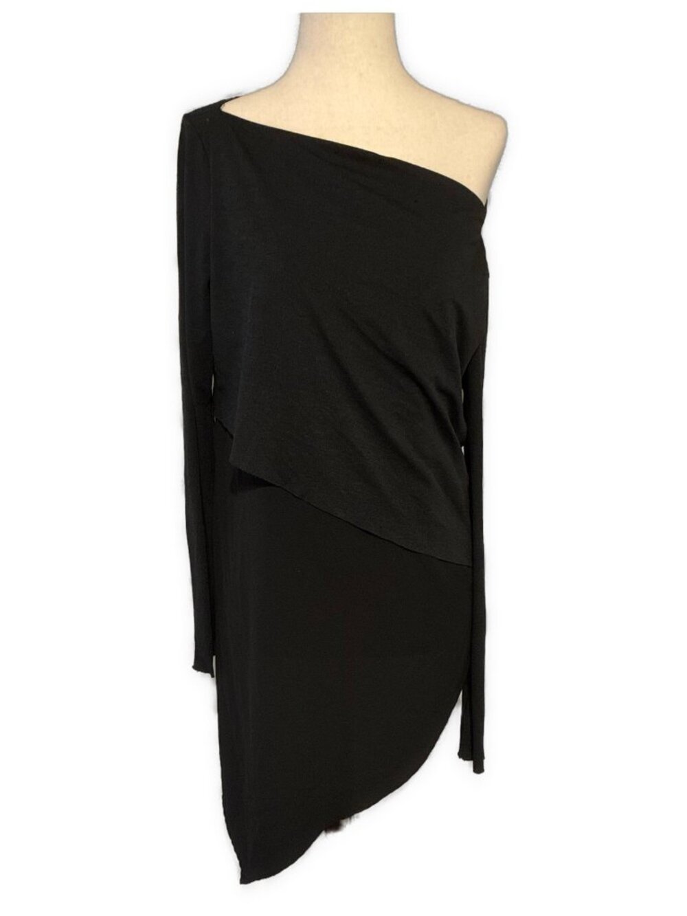 Zara Woman M Black One Shoulder Asymmetrical Long Sleeve Tunic Top